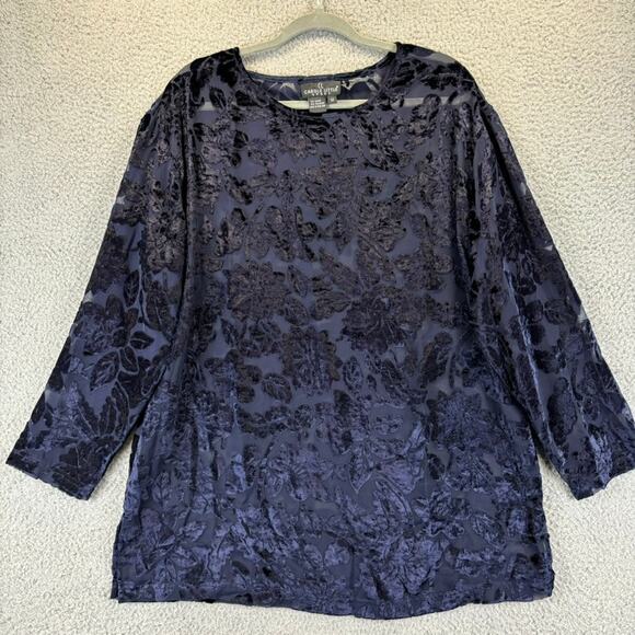 90s Velvet Burnout Top Womens 12 Navy Sheer Cocktail Floral Dressy Carol Little - Picture 1 of 11